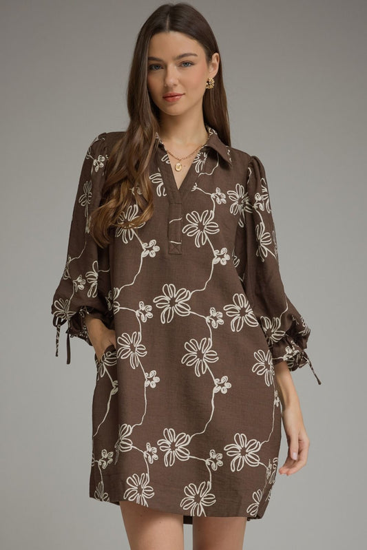 Entro 3/4 Brown Mini Dress with Cream Floral
