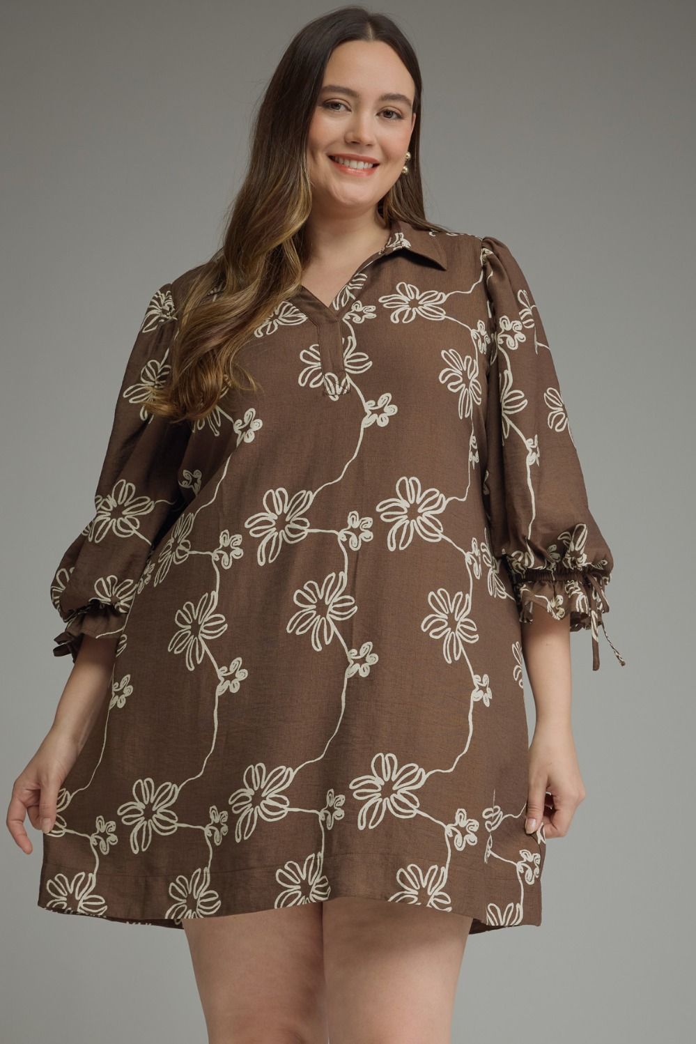 Entro 3/4 Brown Mini Dress with Cream Floral