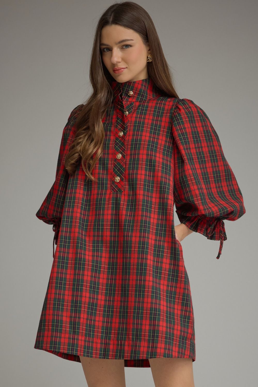 Entro Tartan Plaid Balloon Sleeve Dress