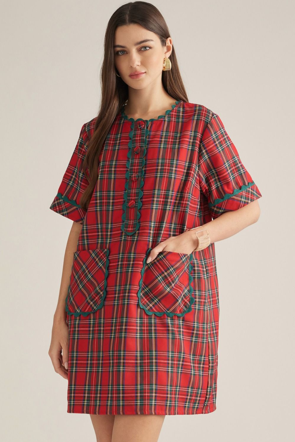 Entro Tartan Plaid Mini Dress with Scallops