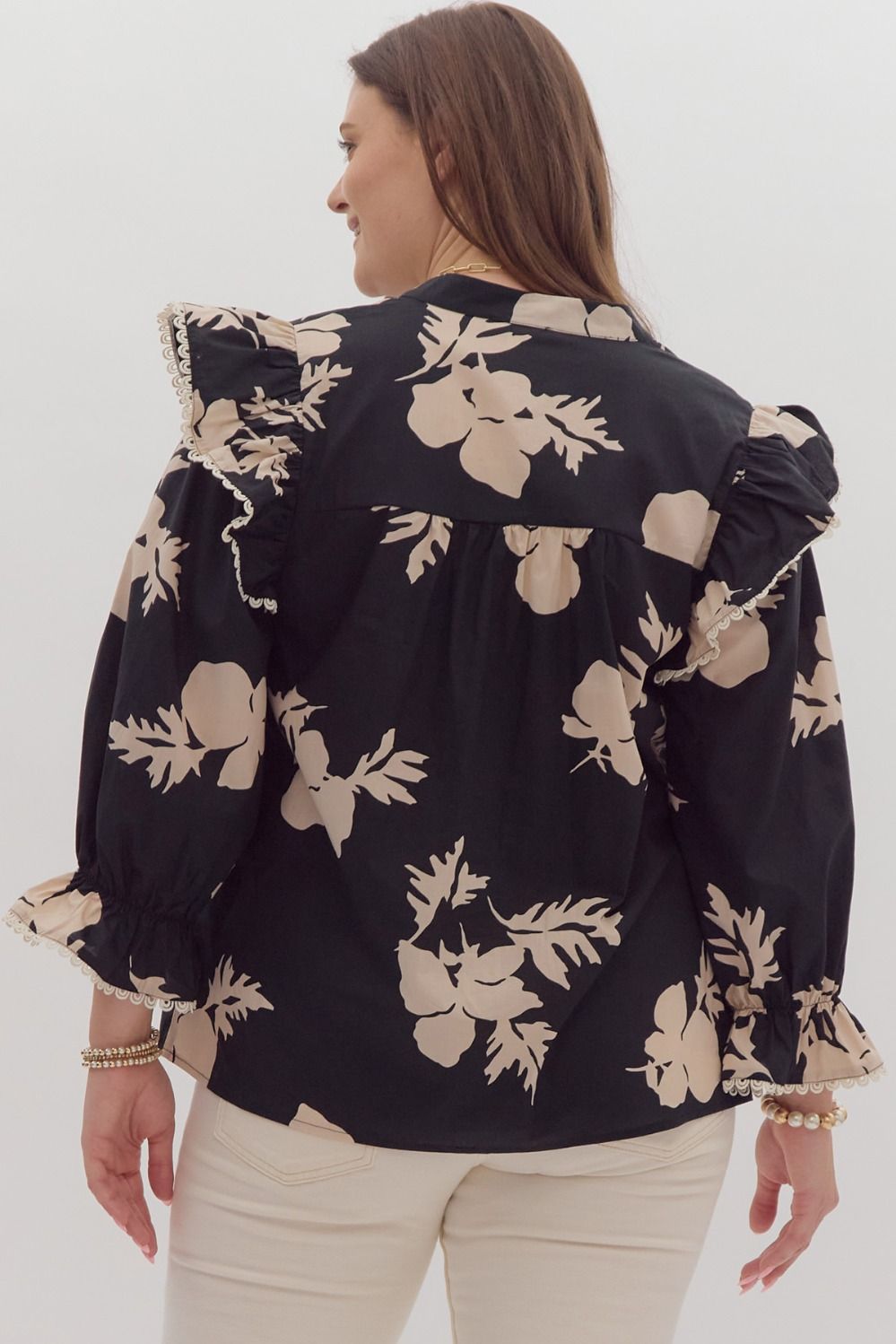 Entro Plus Floral Print 3/4 Top - Black/Ecru