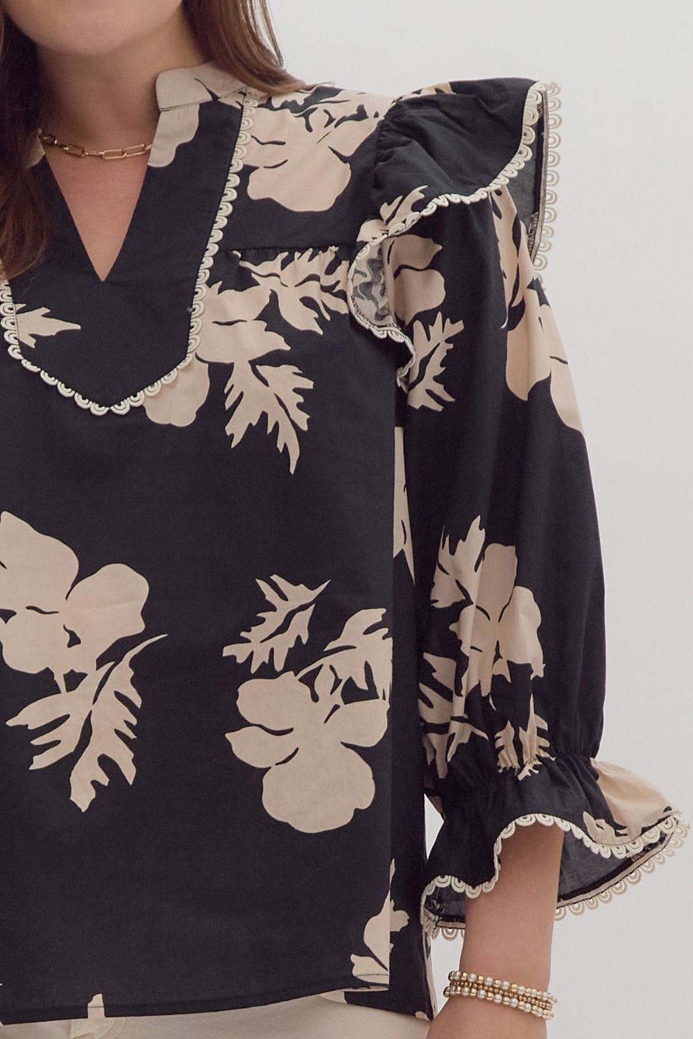 Entro Plus Floral Print 3/4 Top - Black/Ecru