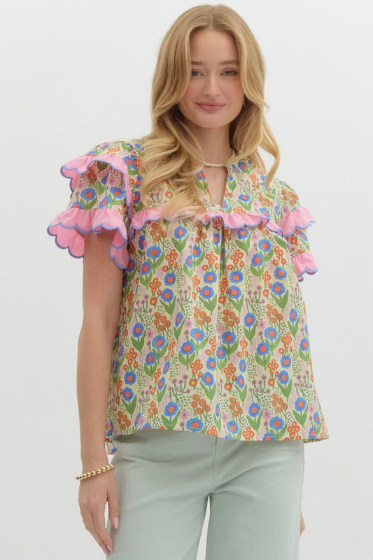 Entro Scallop Short Sleeve Floral Top