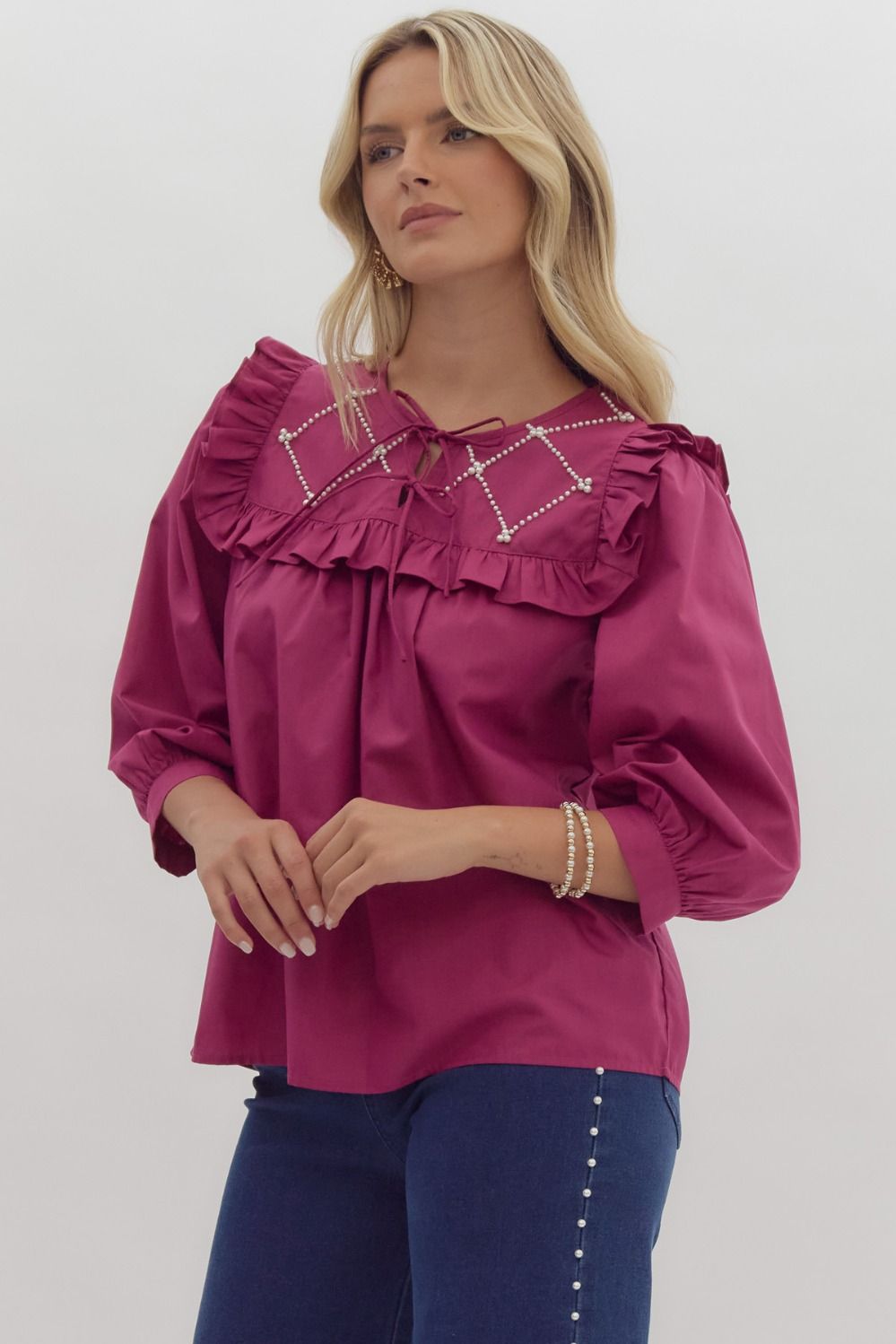 Entro Pearl + Ruffle 3/4 Sleeve Top