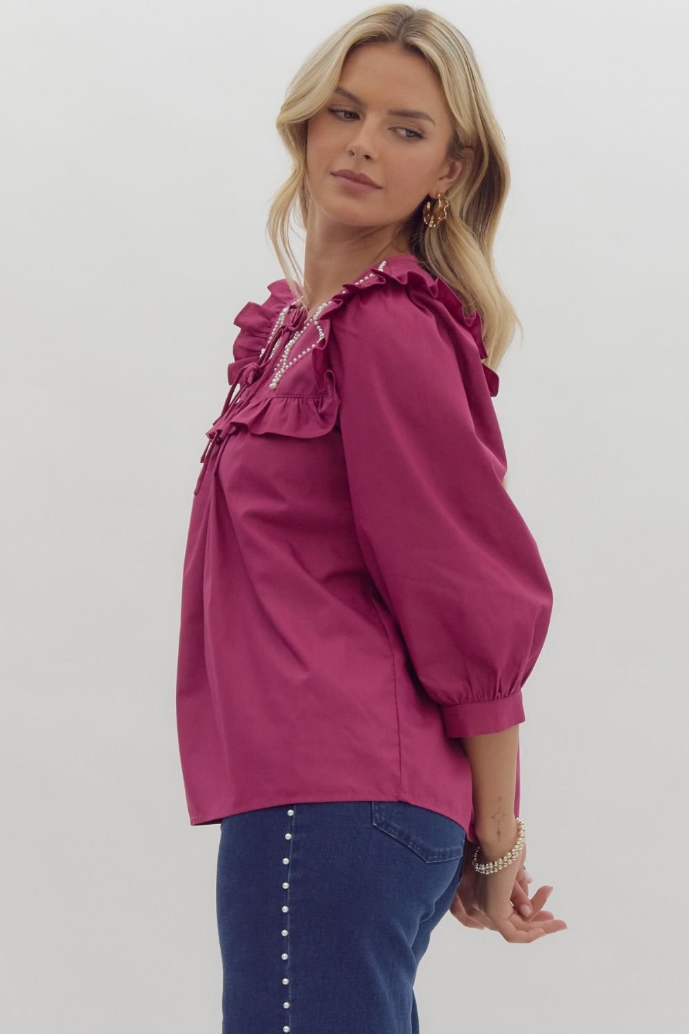 Entro Pearl + Ruffle 3/4 Sleeve Top