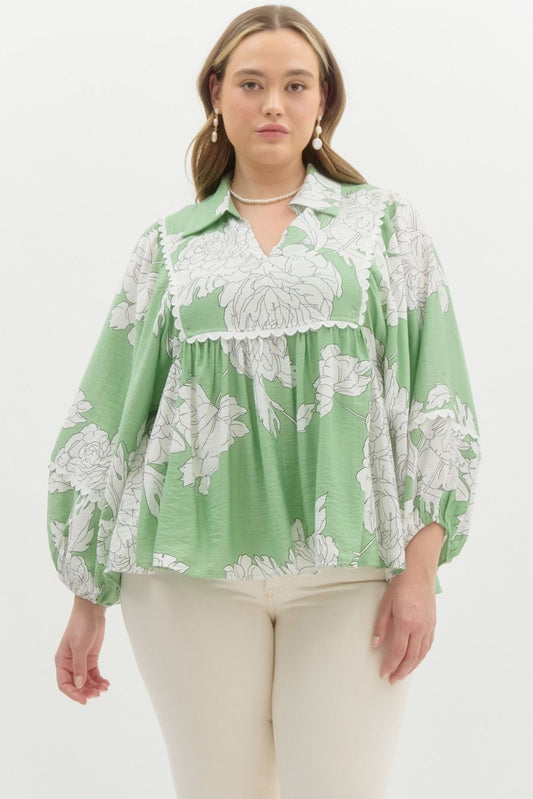 Entro Plus Floral 3/4 Sleeve Collar Top