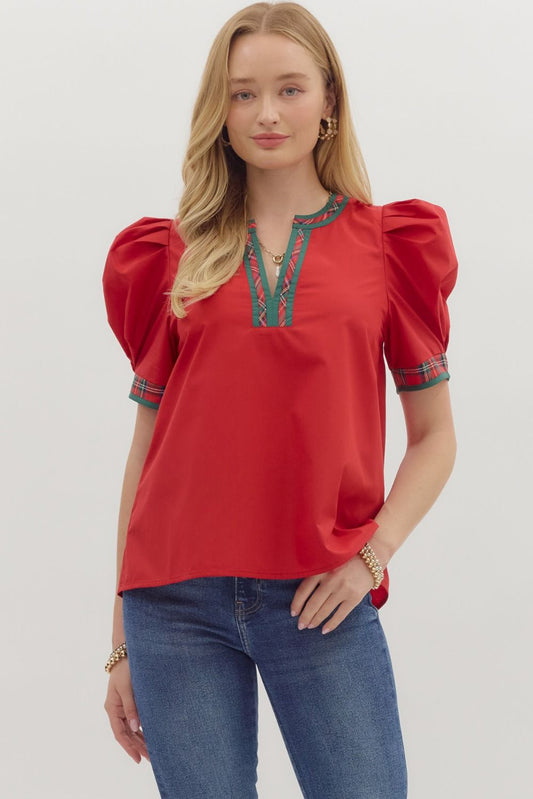 Entro Puff Sleeve Top with Plaid Contrast