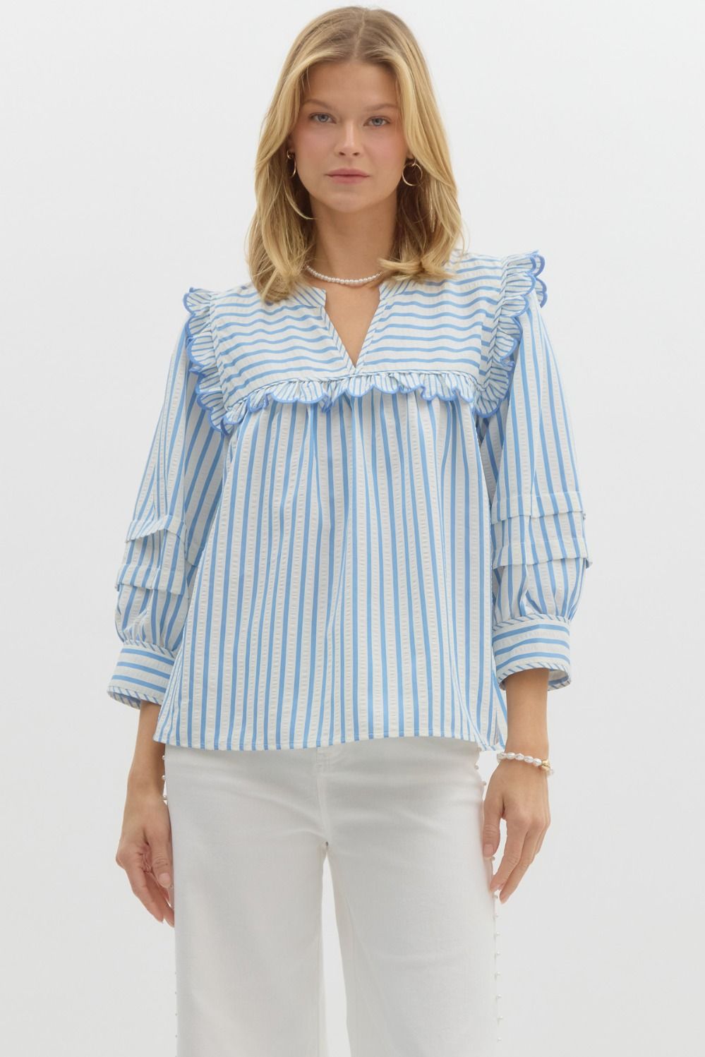 Entro Seersucker Top with Ruffle Details