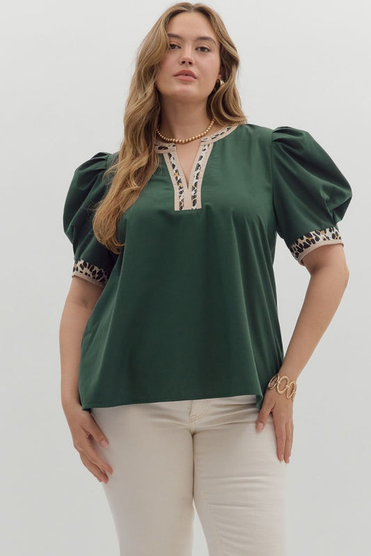 Entro Solid Print Top with Accented Leopard