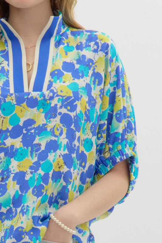 Entro Abstract Print Dolman Top with Split Neck