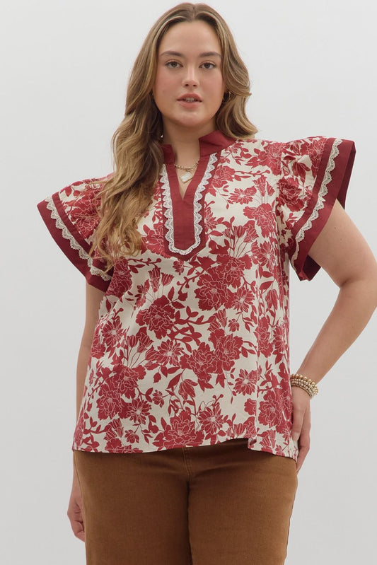 Entro Flutter Top with Scallop Lace Trim Inset