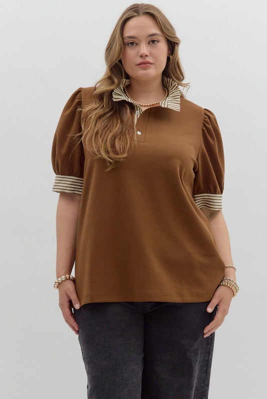 Entro Plus Striped Collar Detail Top