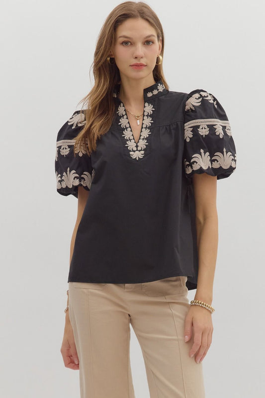 Entro Solid Vneck Top with Embroidery