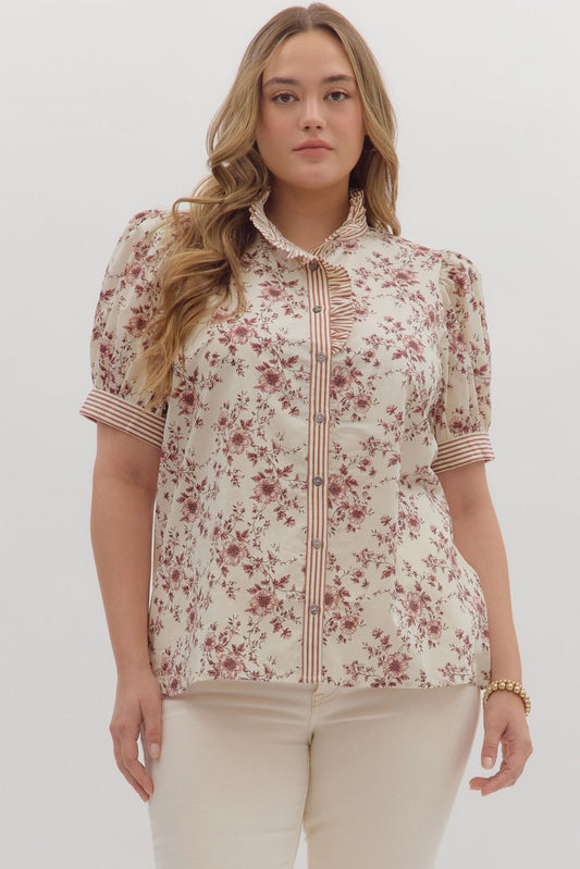 Entro Floral Print Ruffle Neck Puff Top