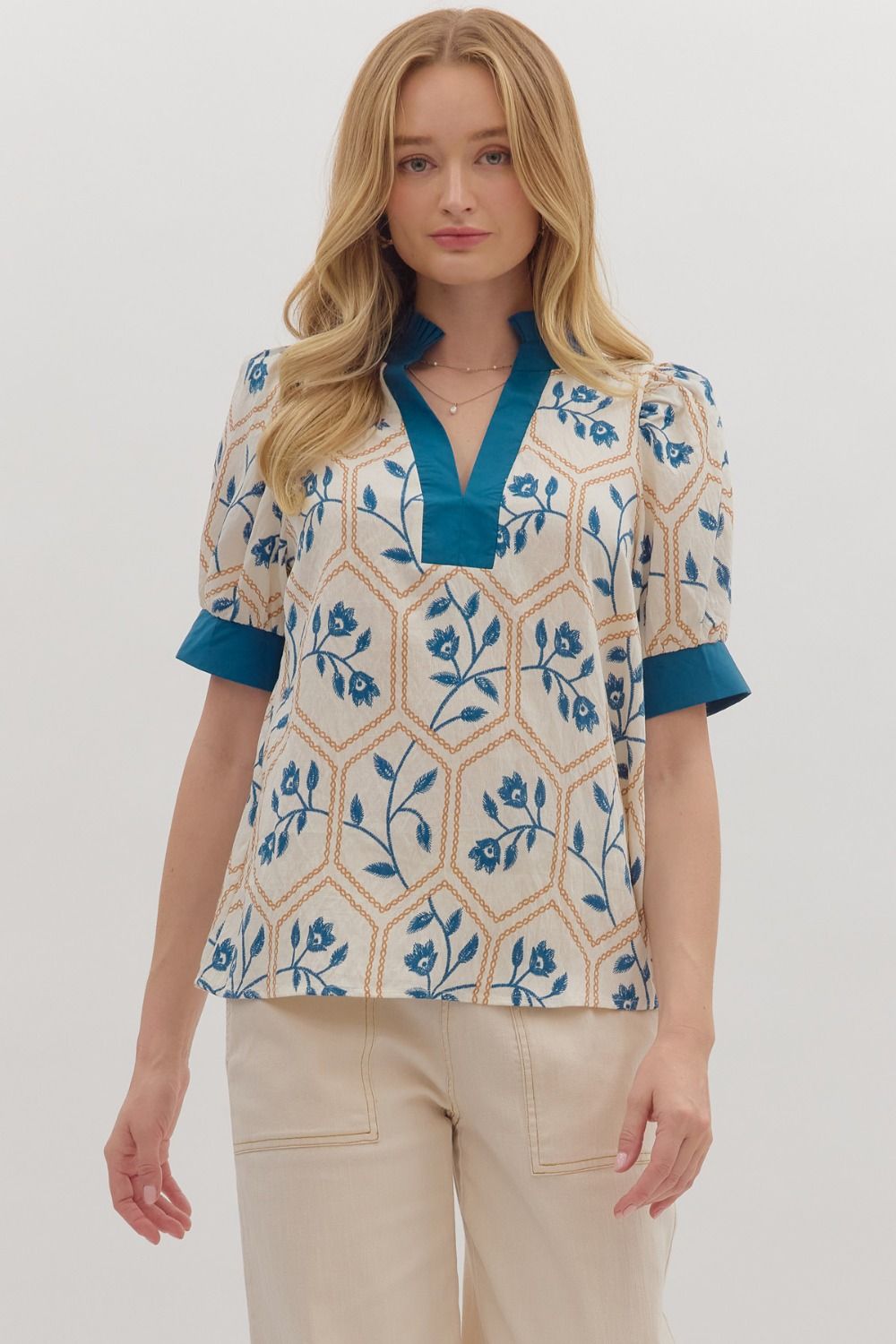 Entro Printed Floral Grid Top with Band Details