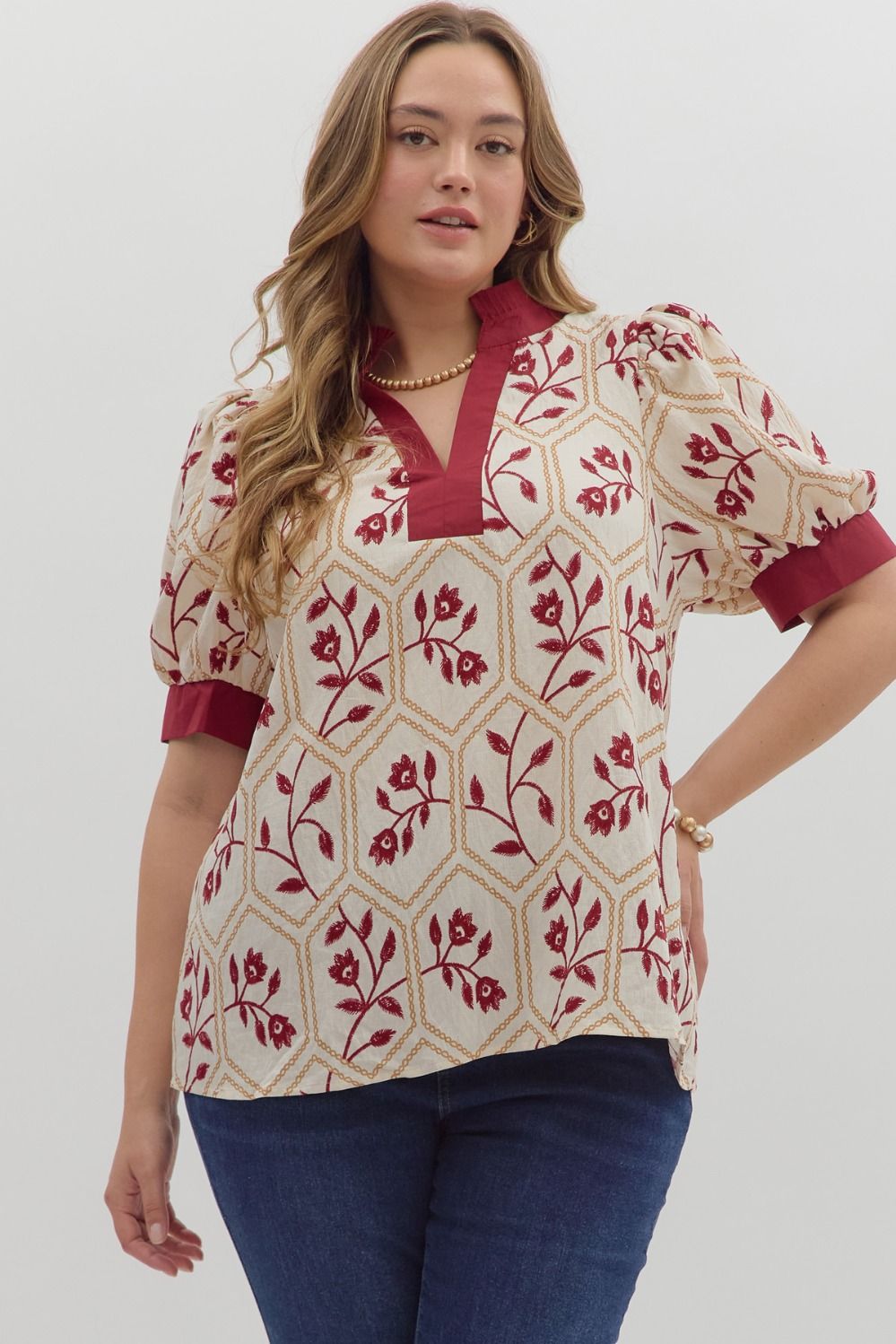 Entro Printed Floral Grid Top with Band Details