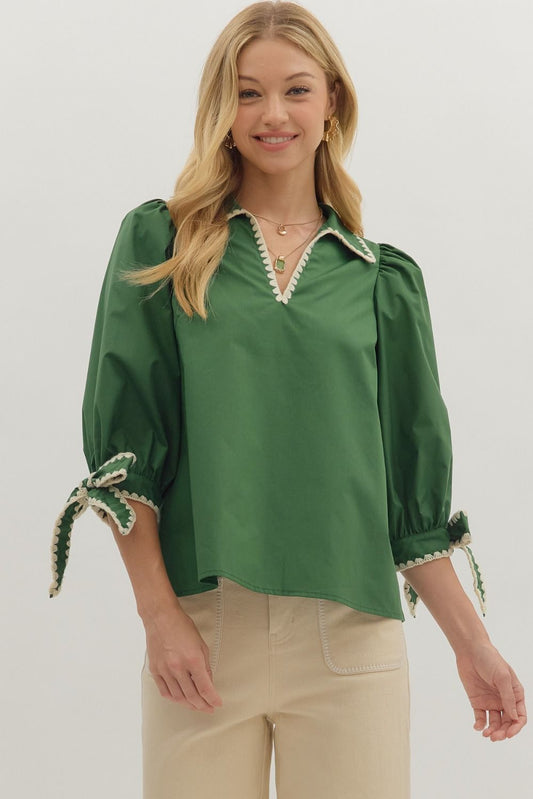 Entro Solid 3/4 Sleeve Top with Stitching Trim Edges