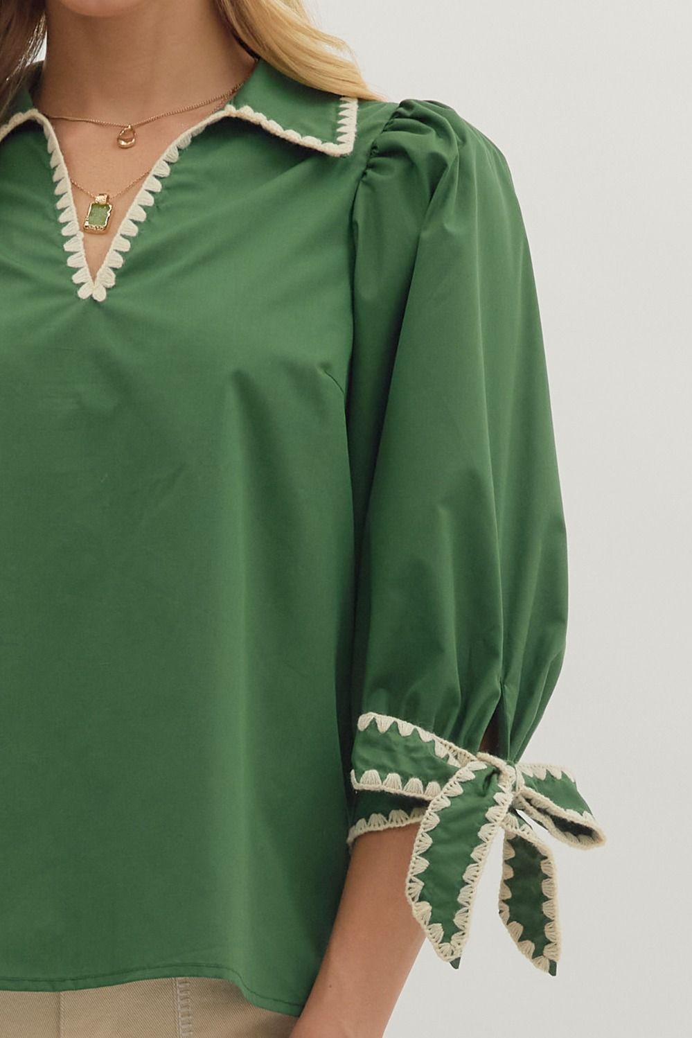 Entro Solid 3/4 Sleeve Top with Stitching Trim Edges