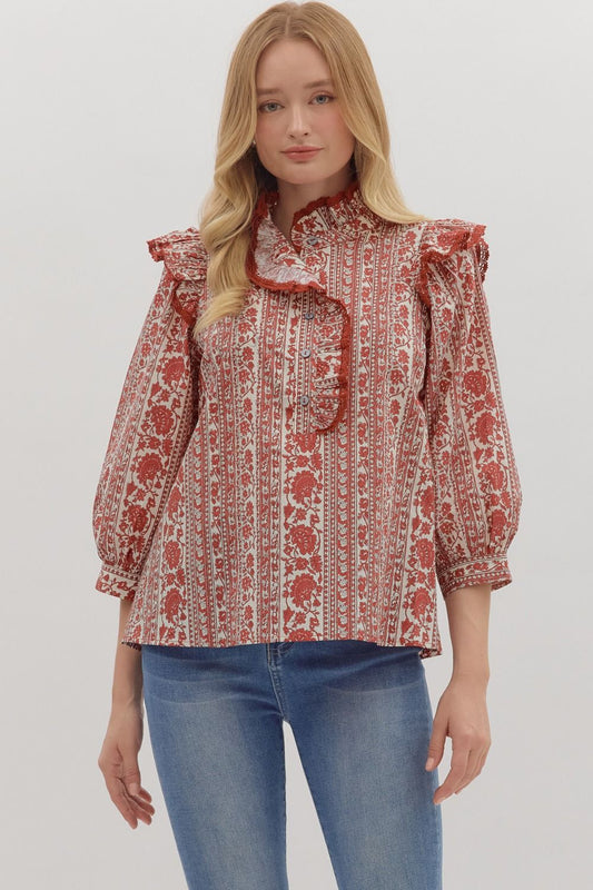 Entro Floral Stripe 3/4 Sleeve Top with Collar