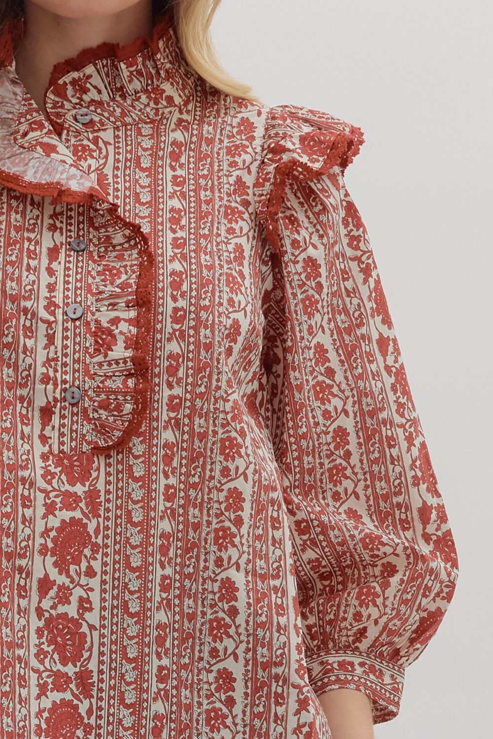 Entro Floral Stripe 3/4 Sleeve Top with Collar