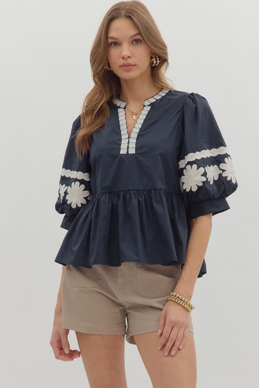 Entro Ruffle Hem Bubble Sleeve Top w/Embroidery
