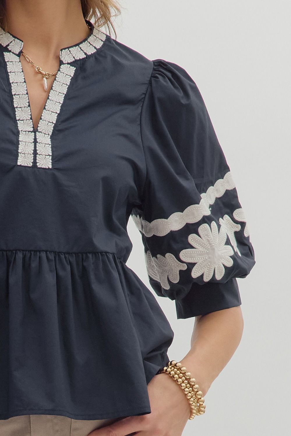 Entro Ruffle Hem Bubble Sleeve Top w/Embroidery