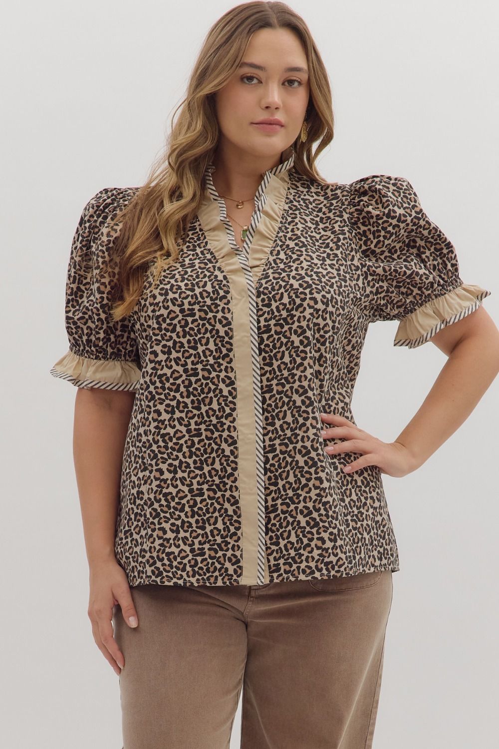 Entro Leopard Print Puff Sleeve Top with Ruffles