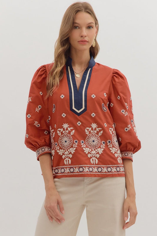 Entro Floral Embroidery 3/4 Caftan Top