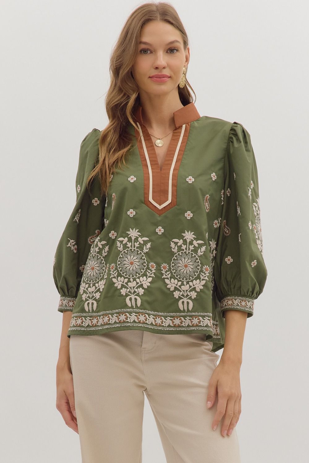 Entro Floral Embroidery 3/4 Caftan Top
