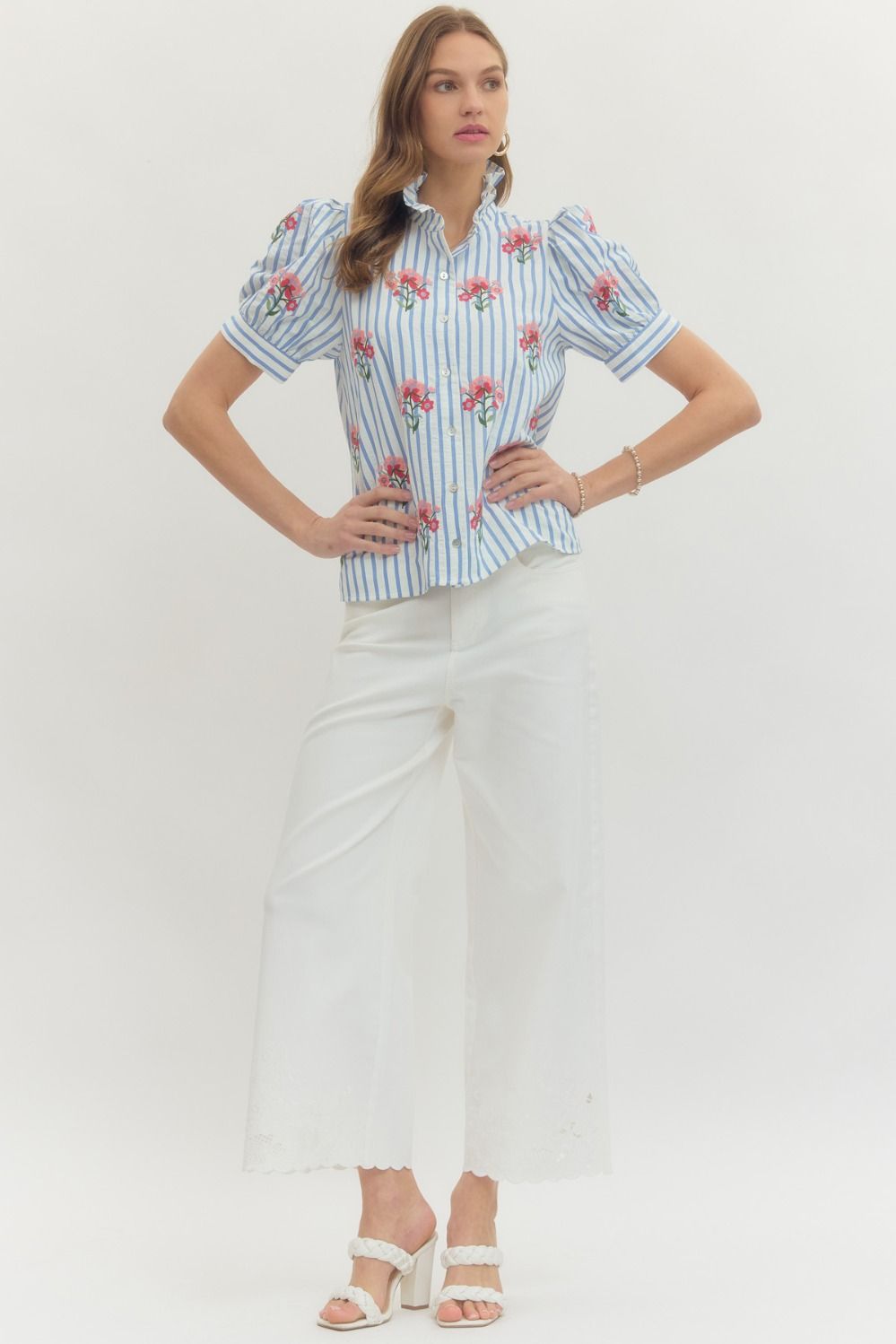 Entro Striped Puff Sleeve Top with Floral Embroidery