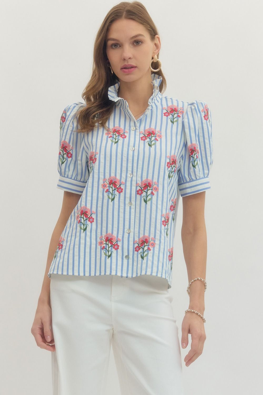 Entro Striped Puff Sleeve Top with Floral Embroidery