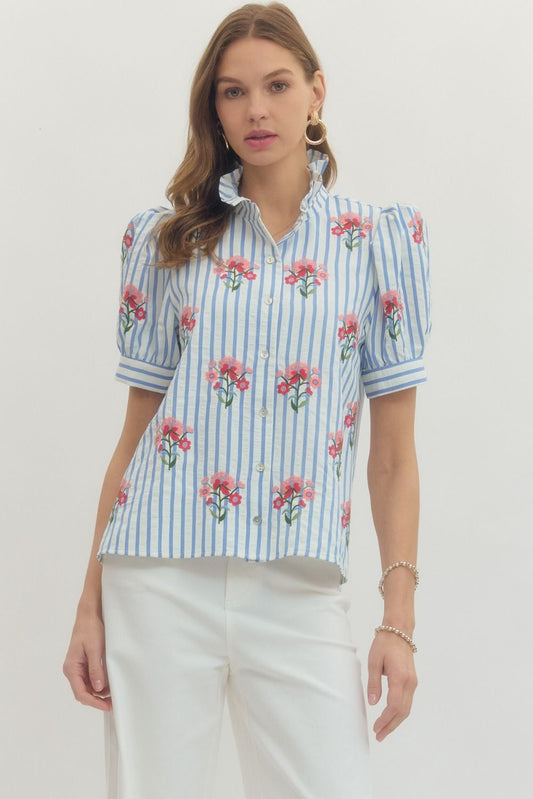 Entro Striped Puff Sleeve Top with Floral Embroidery
