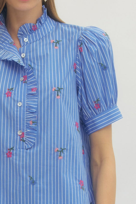Entro Plus Floral Stripe Embroidered Floral Top