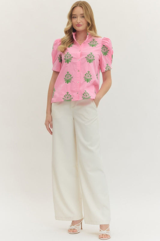 Entro Puff Sleeve Top with Embroidery Flowers