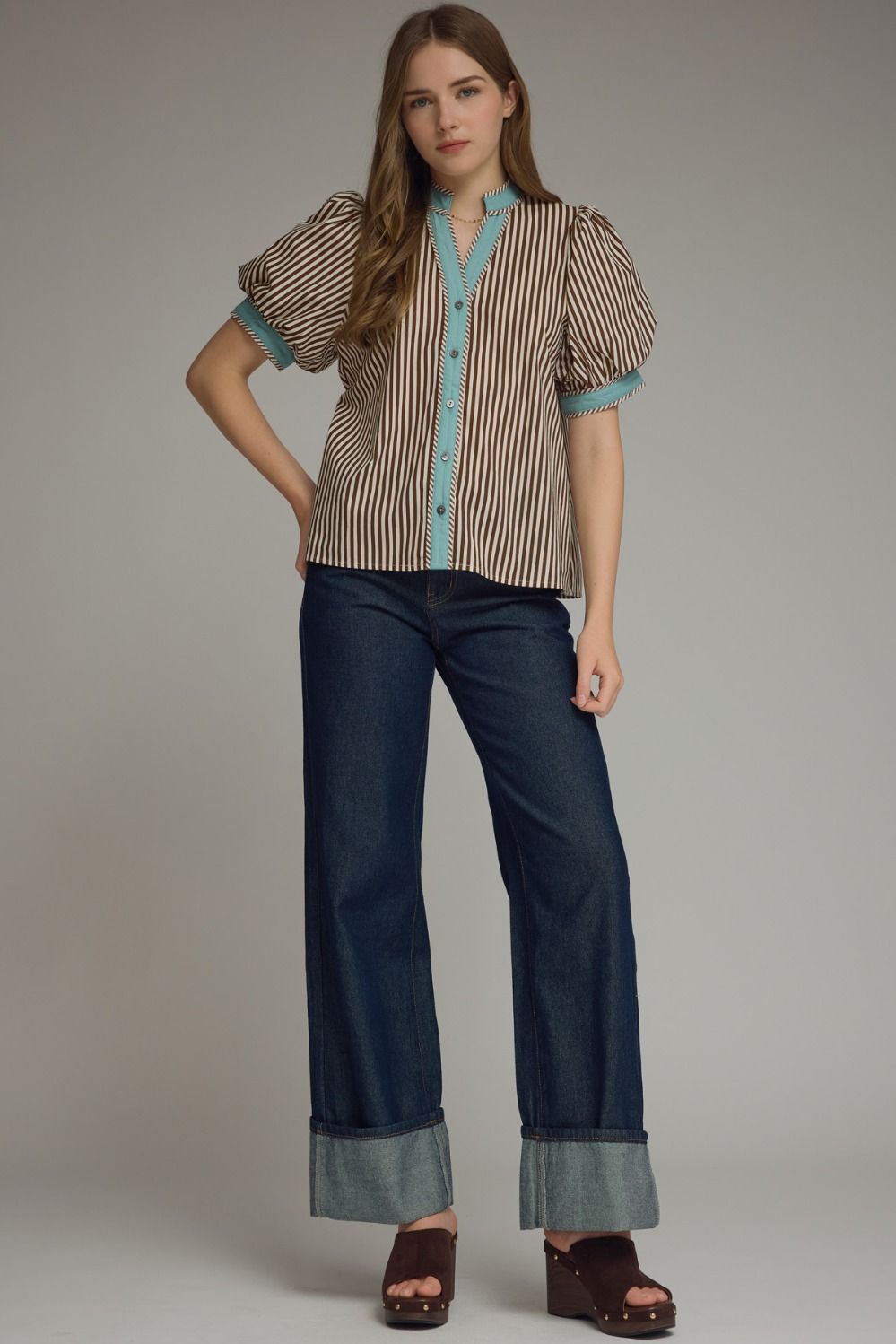 Entro Striped Puff Sleeve Top