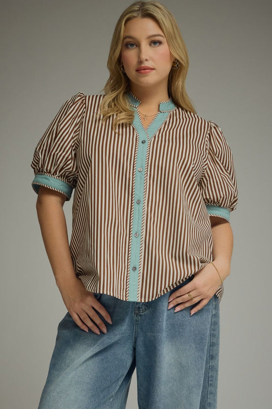 Entro Plus Stripe Print Puff Sleeved Top