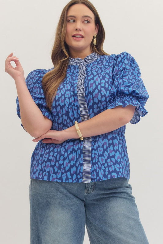 Entro Plus Blue Leopard Print Ruffle Top