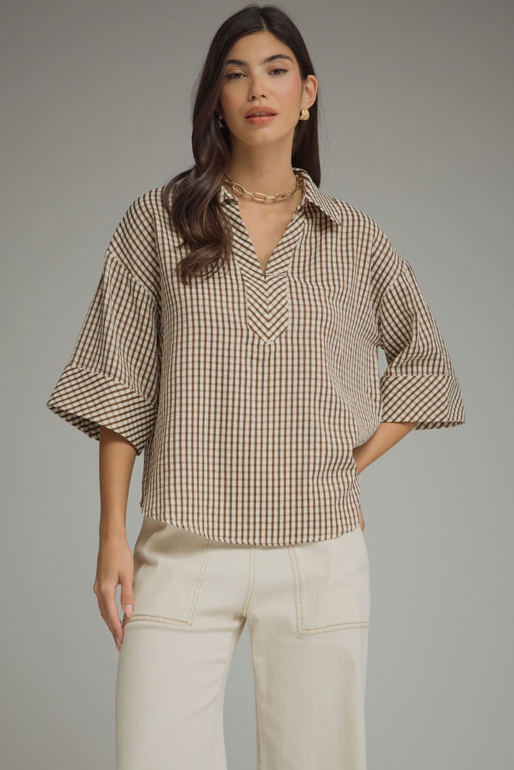 Entro Gingham 3/4 Sleeve Top
