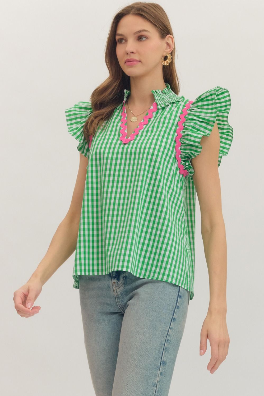 Entro Gingham Flutter Sleeve Top w/Ric Rac