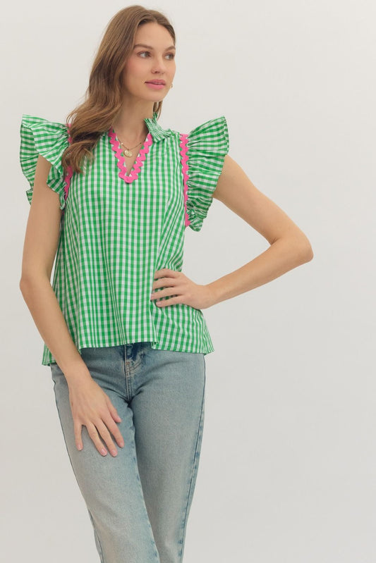 Entro Gingham Flutter Sleeve Top w/Ric Rac