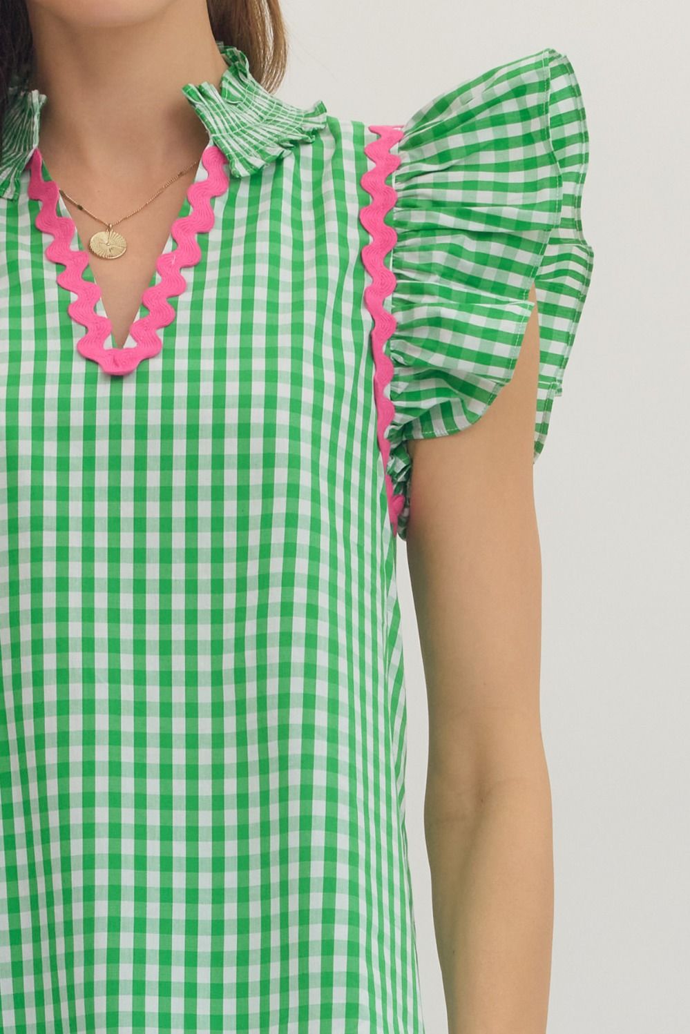 Entro Gingham Flutter Sleeve Top w/Ric Rac