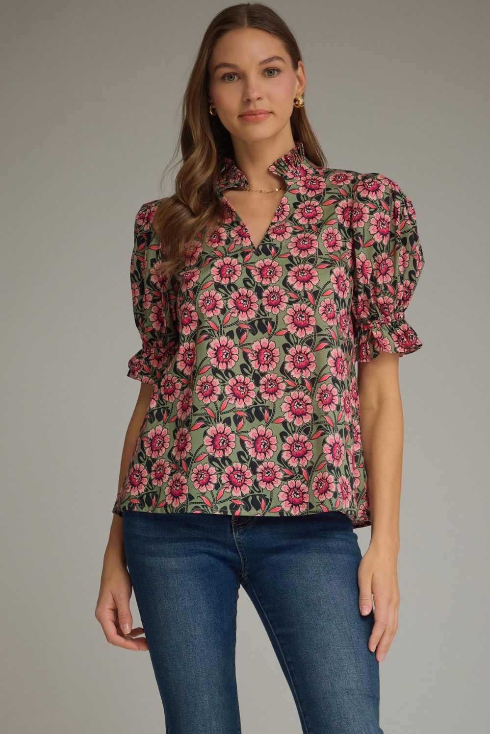 Entro Pink & Olive Floral Puff Top