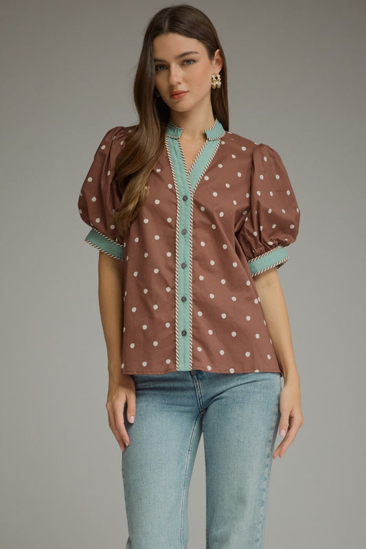 Entro Polka Dot Top with Contrast Trim