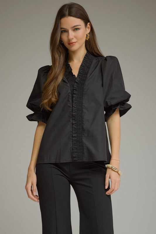 Entro Solid Puff Sleeve Top with Smock V-Neck