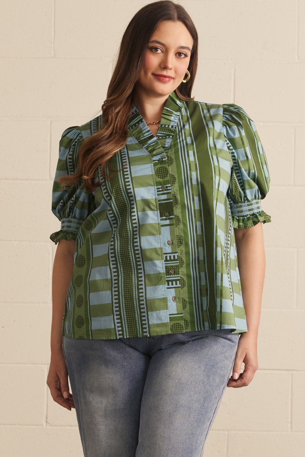 Entro Plus Mixed Print Puff Sleeve Top