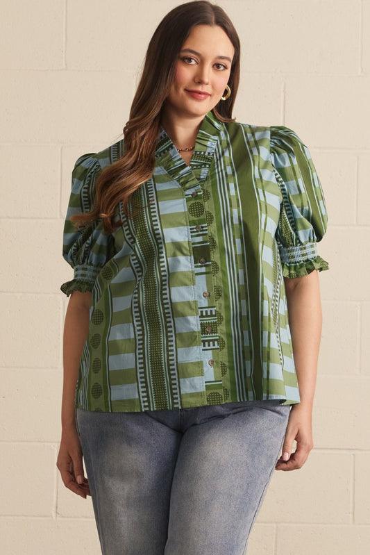 Entro Plus Mixed Print Puff Sleeve Top