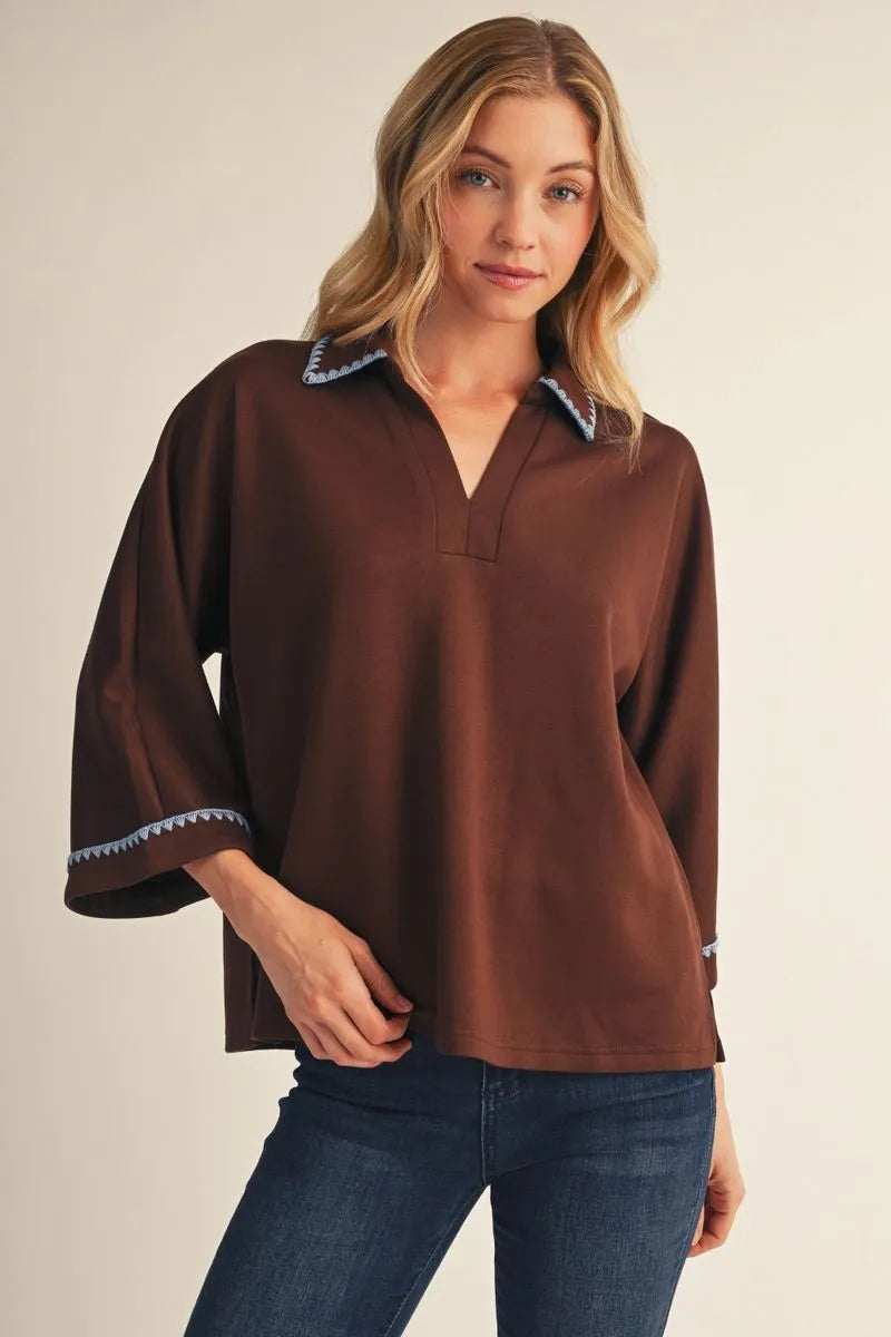 Jodifl 3/4 Solid Top with Embroidered Edges