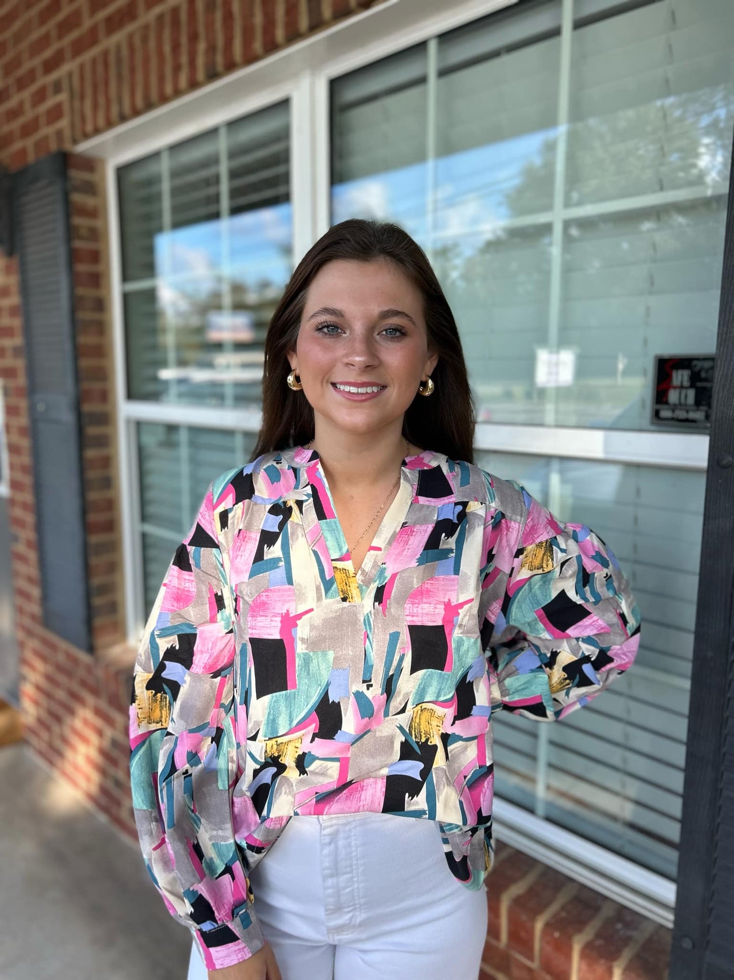 BF Multicolor Print Top with Cuff Sleeves