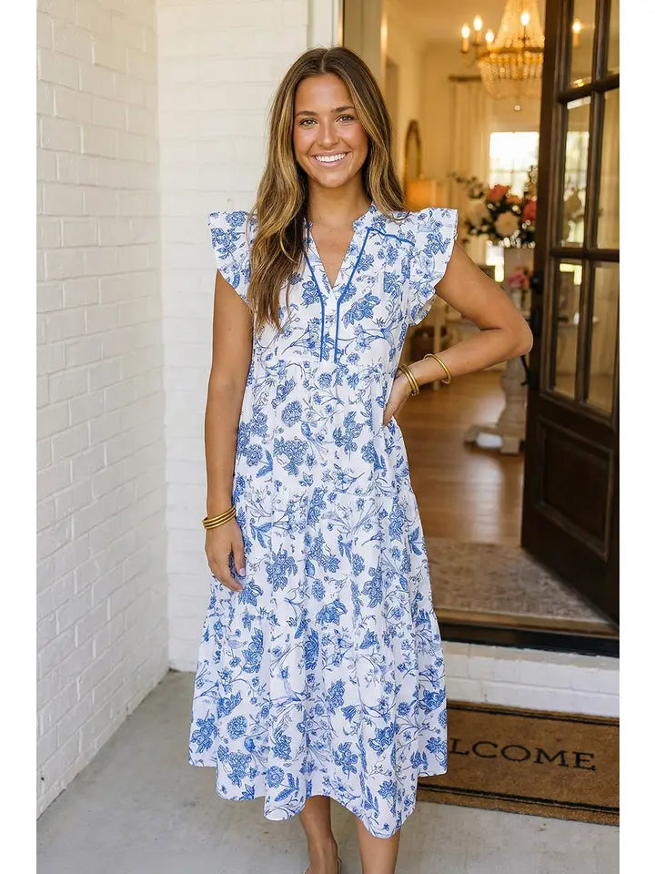 LAS Ruffle Blue Floral Tiered Floral Midi Dress