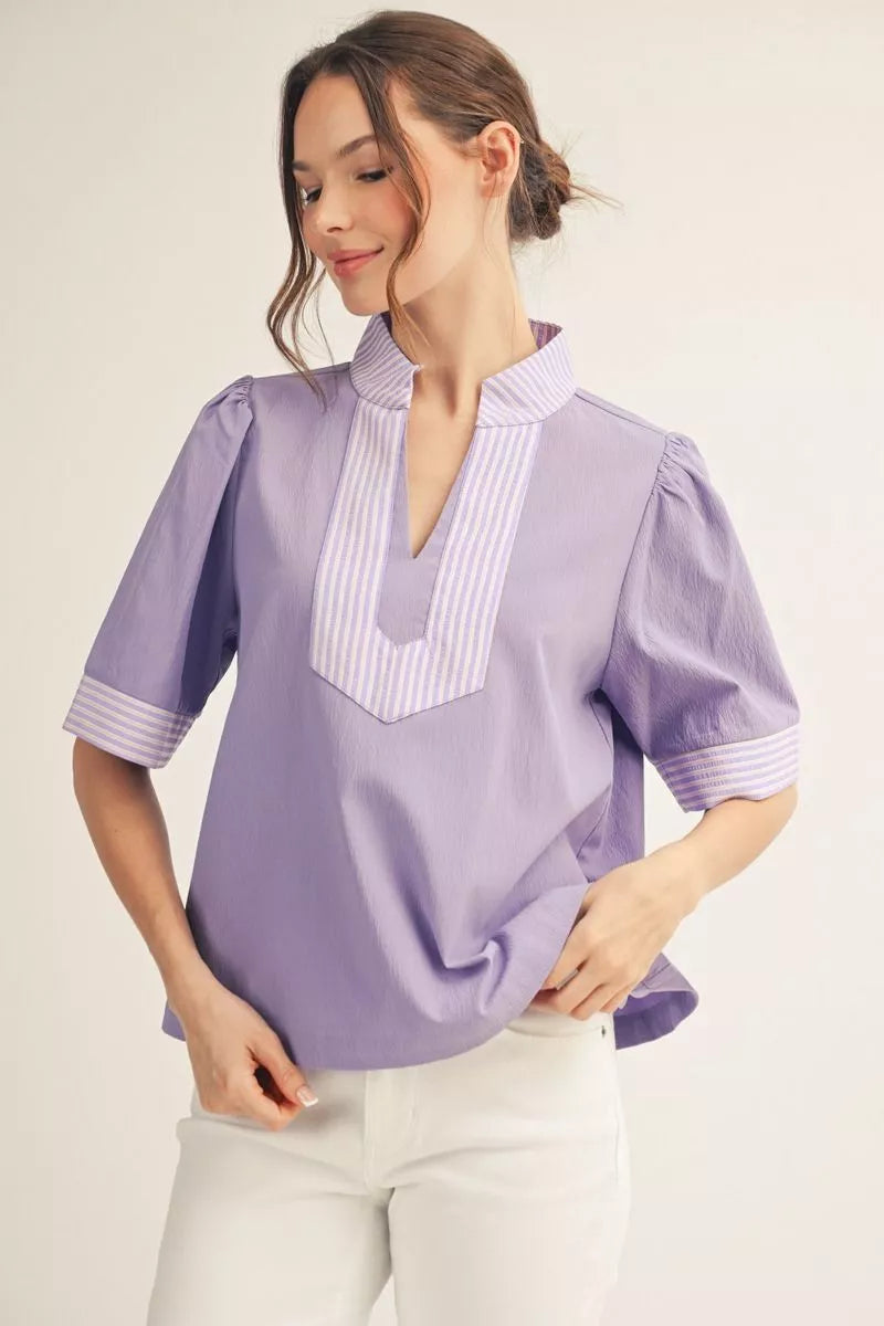Jodfil Solid Crinkle Top with Stripe Neckline